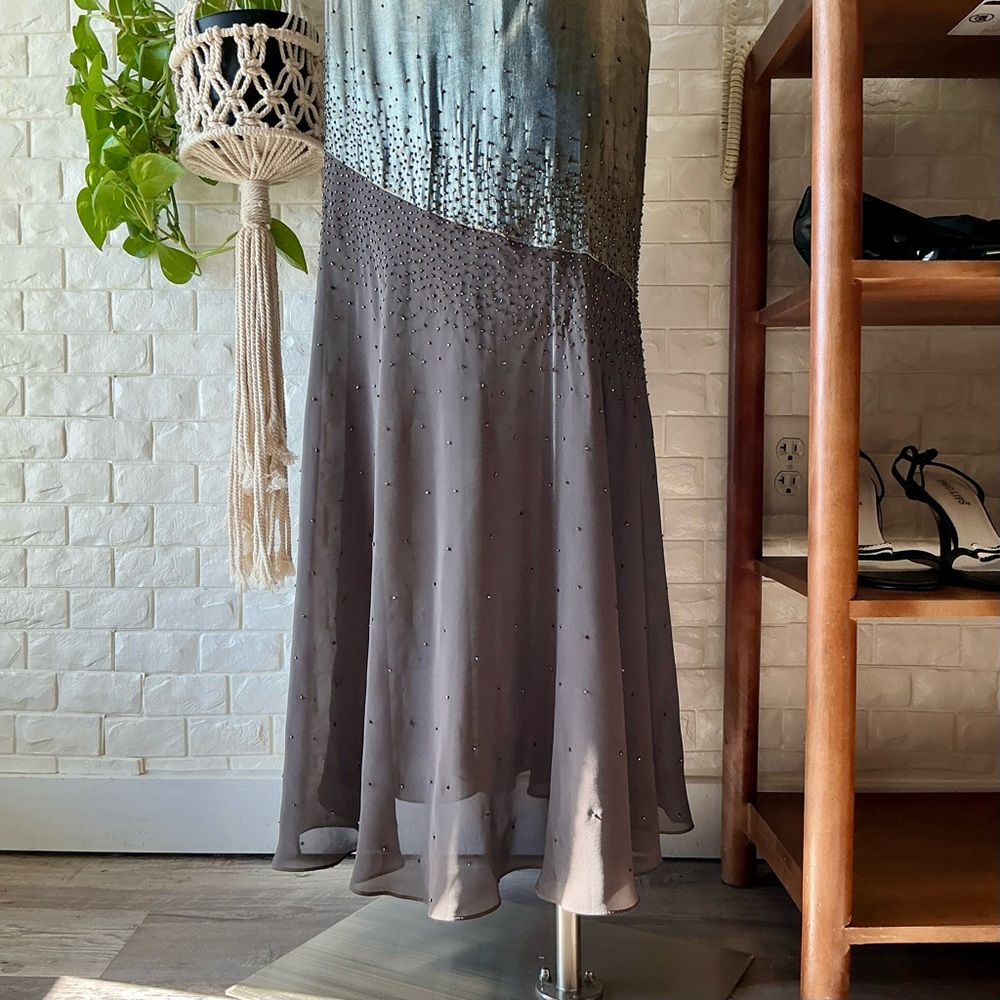 Vintage 1990s Y2K Cache Olive Satin and Chiffon Asymmetrical Hem Beaded Gown - Picture 8 of 16
